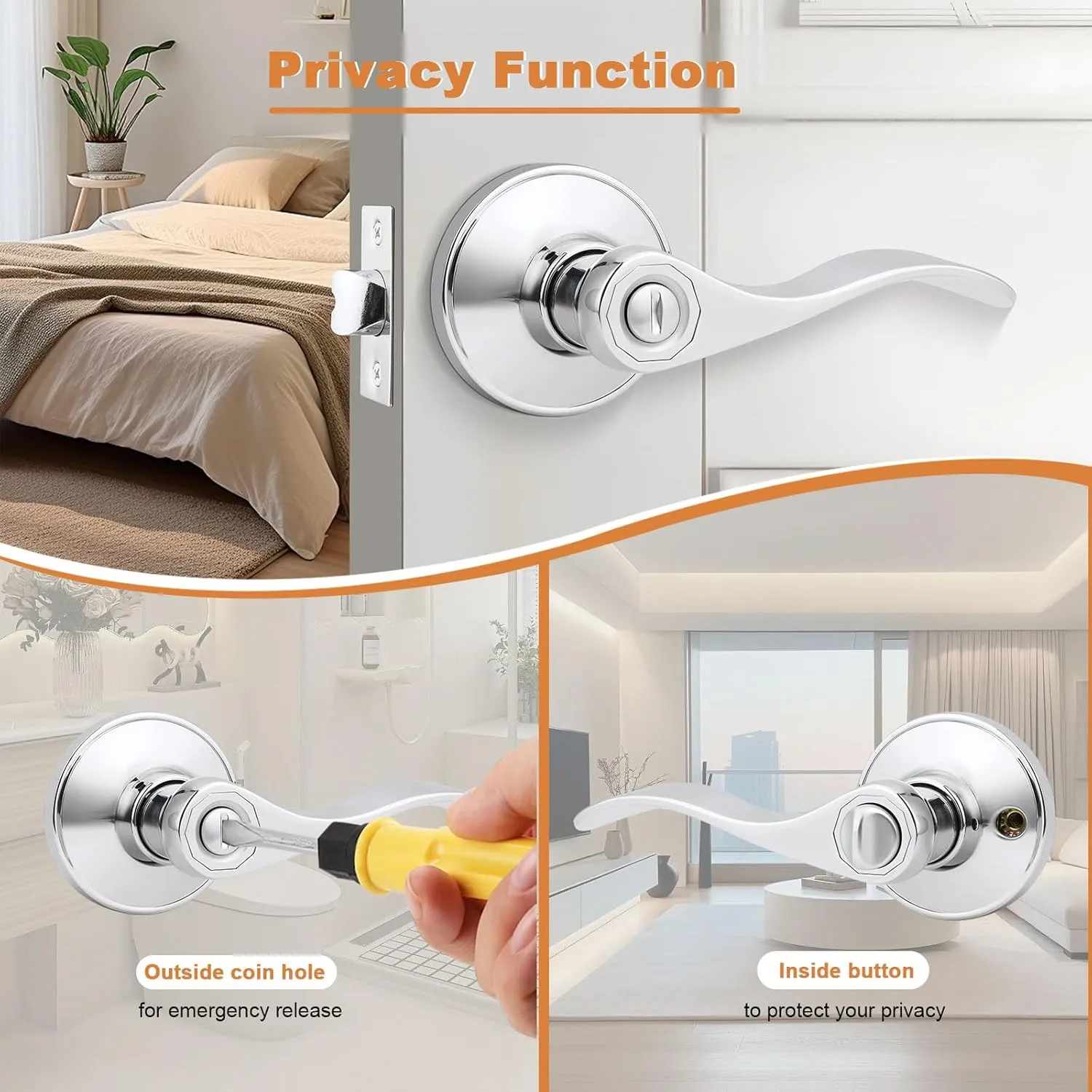 Probrico Polished Chrome Door Handles Privacy Door Lever, Interior Chrome Door Lever for Bedroom Bathroom, Keyless Interior Door Handle with Lock Wave Style, 6 Pack
