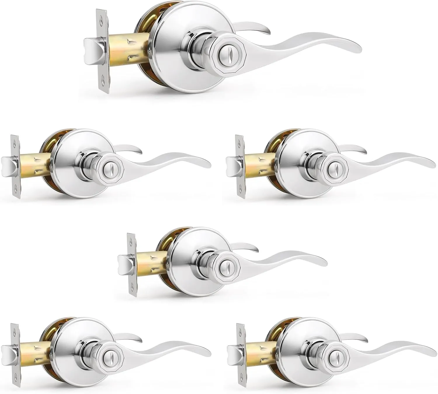 Probrico Polished Chrome Door Handles Privacy Door Lever, Interior Chrome Door Lever for Bedroom Bathroom, Keyless Interior Door Handle with Lock Wave Style, 6 Pack