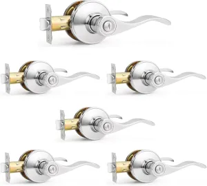 Probrico Polished Chrome Door Handles Privacy Door Lever, Interior Chrome Door Lever for Bedroom Bathroom, Keyless Interior Door Handle with Lock Wave Style, 6 Pack