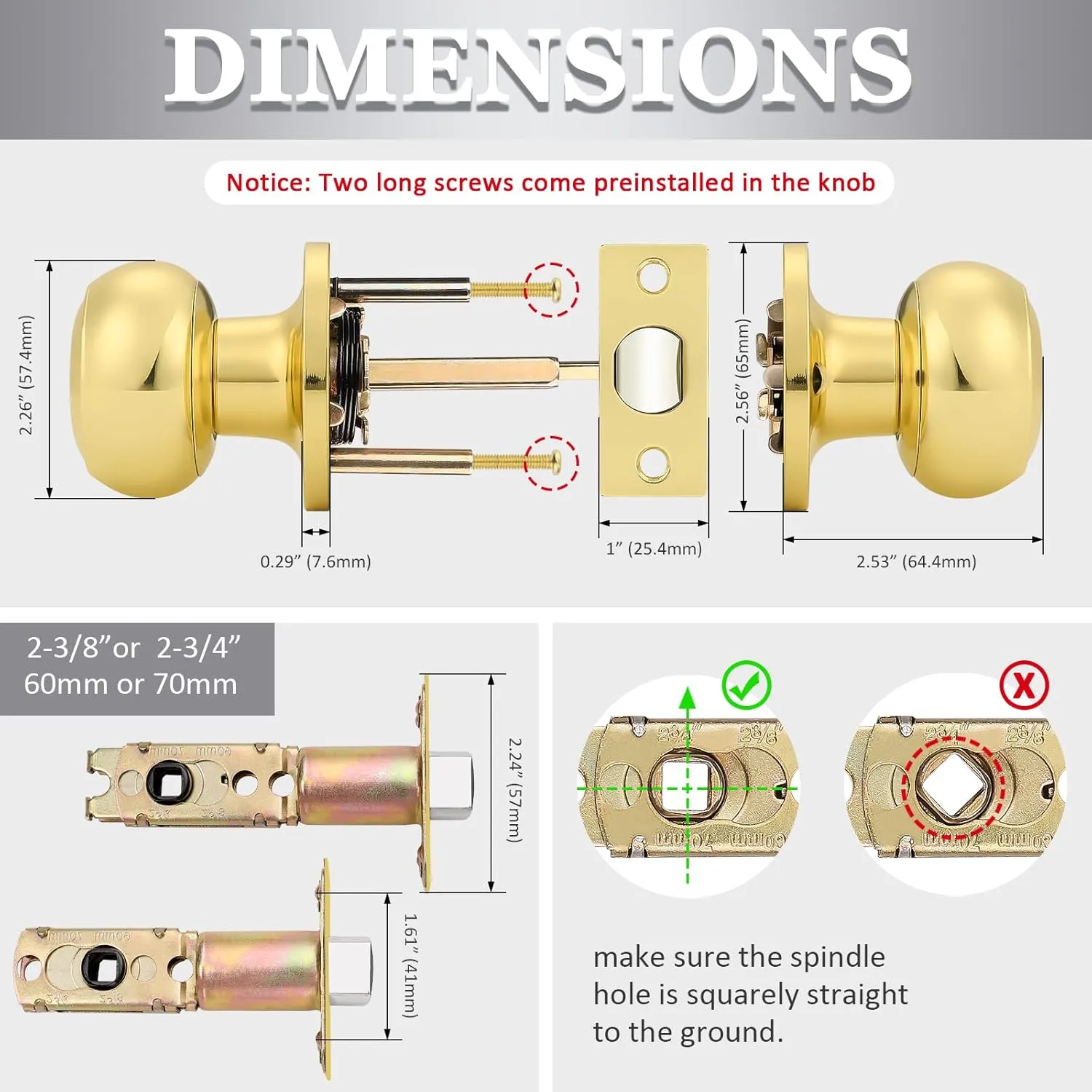 Probrico Round Door Knobs Passage Lock Polished Brass for Closet Hallway Passage Handle Keyless Lockset 2 Pack