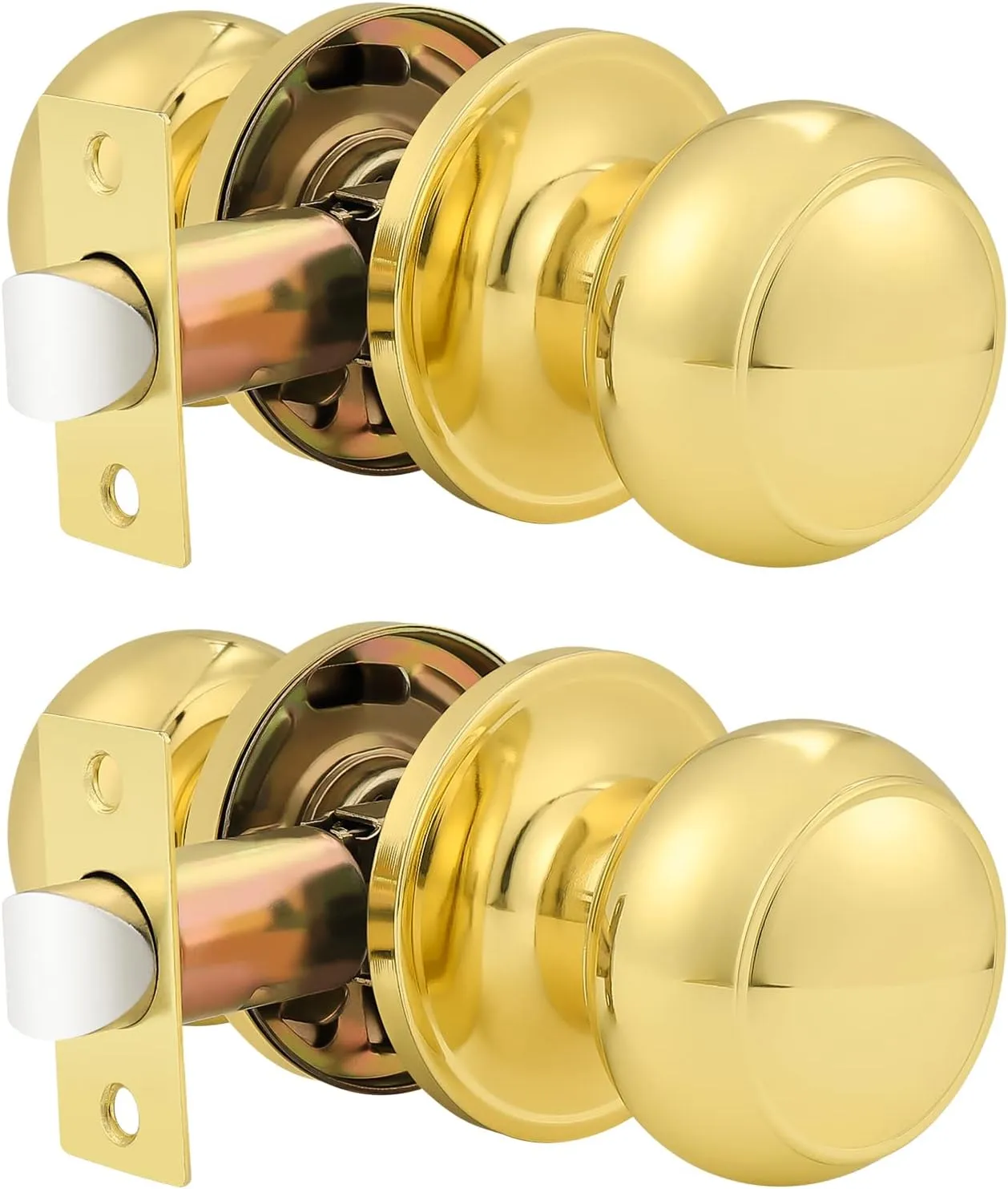 Probrico Round Door Knobs Passage Lock Polished Brass for Closet Hallway Passage Handle Keyless Lockset 2 Pack