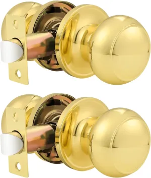 Probrico Round Door Knobs Passage Lock Polished Brass for Closet Hallway Passage Handle Keyless Lockset 2 Pack