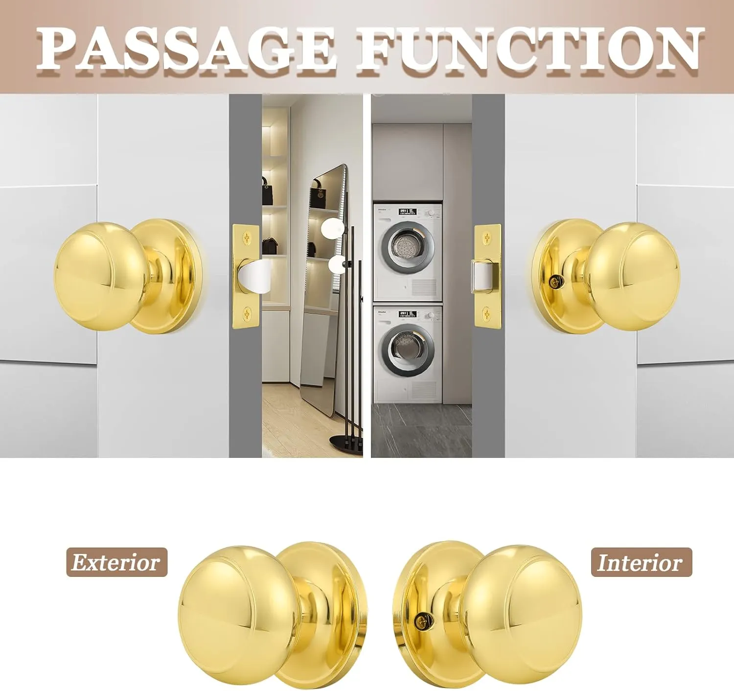 Probrico Round Door Knobs Passage Lock Polished Brass for Closet Hallway Passage Handle Keyless Lockset 2 Pack
