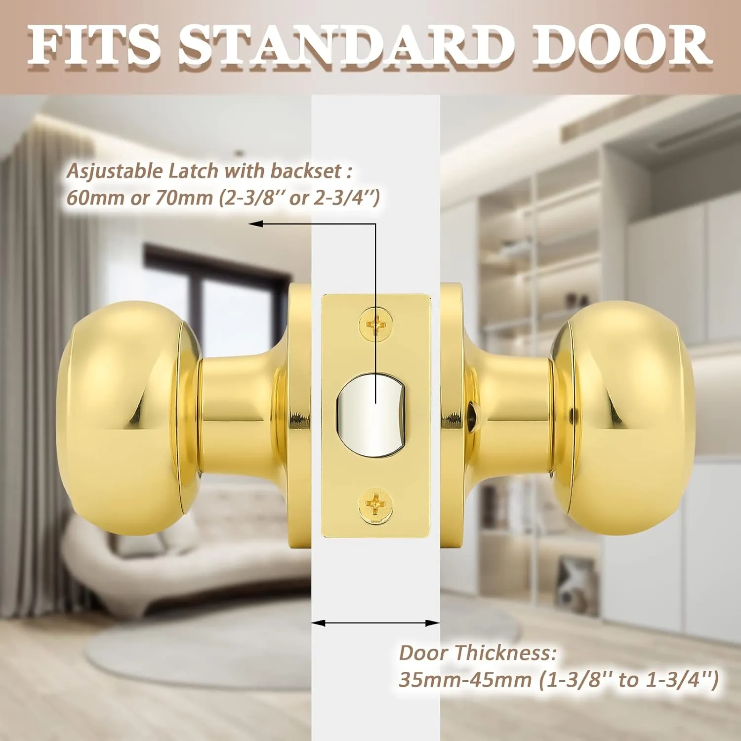 Probrico Round Door Knobs Passage Lock Polished Brass for Closet Hallway Passage Handle Keyless Lockset 2 Pack