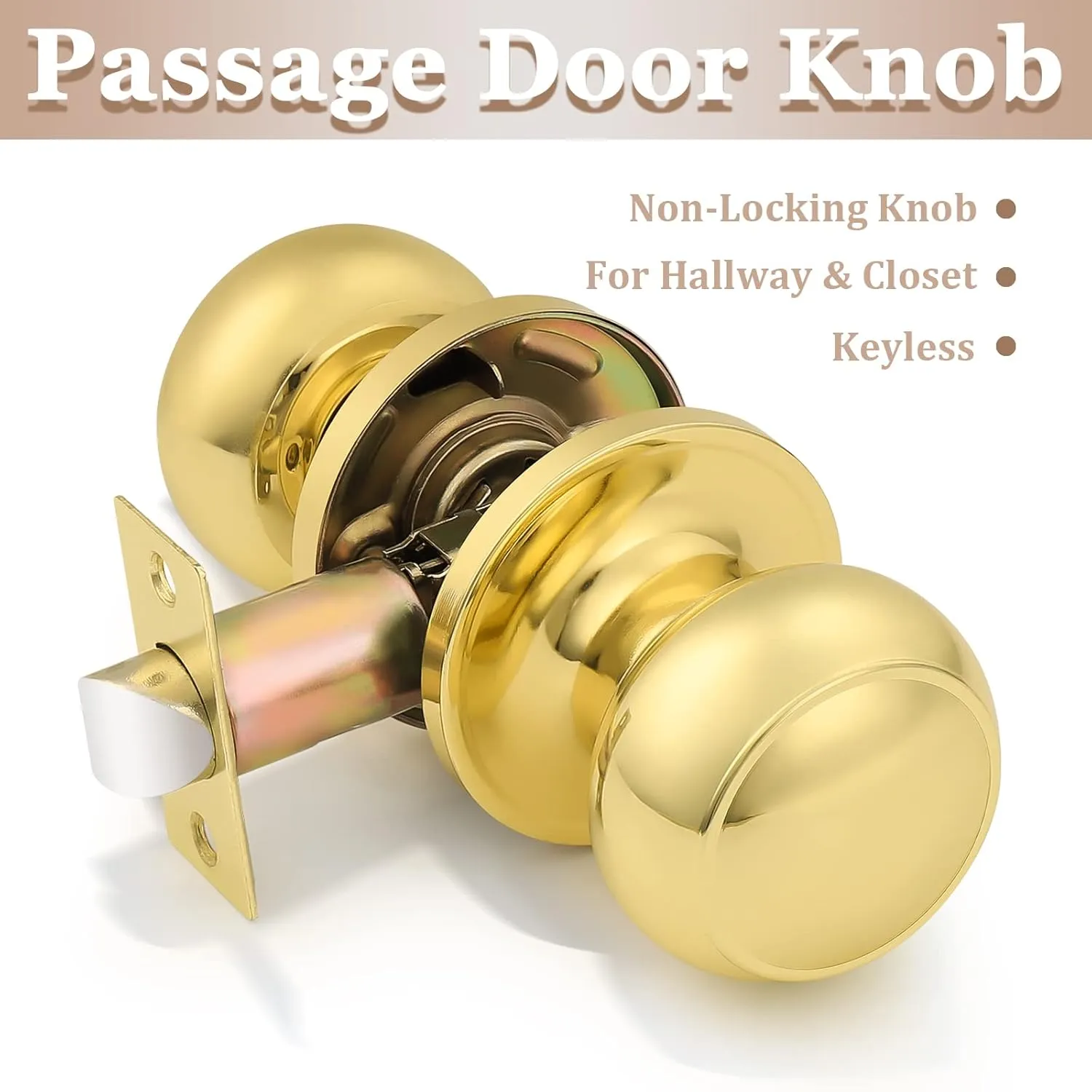 Probrico Round Door Knobs Passage Lock Polished Brass for Closet Hallway Passage Handle Keyless Lockset 2 Pack