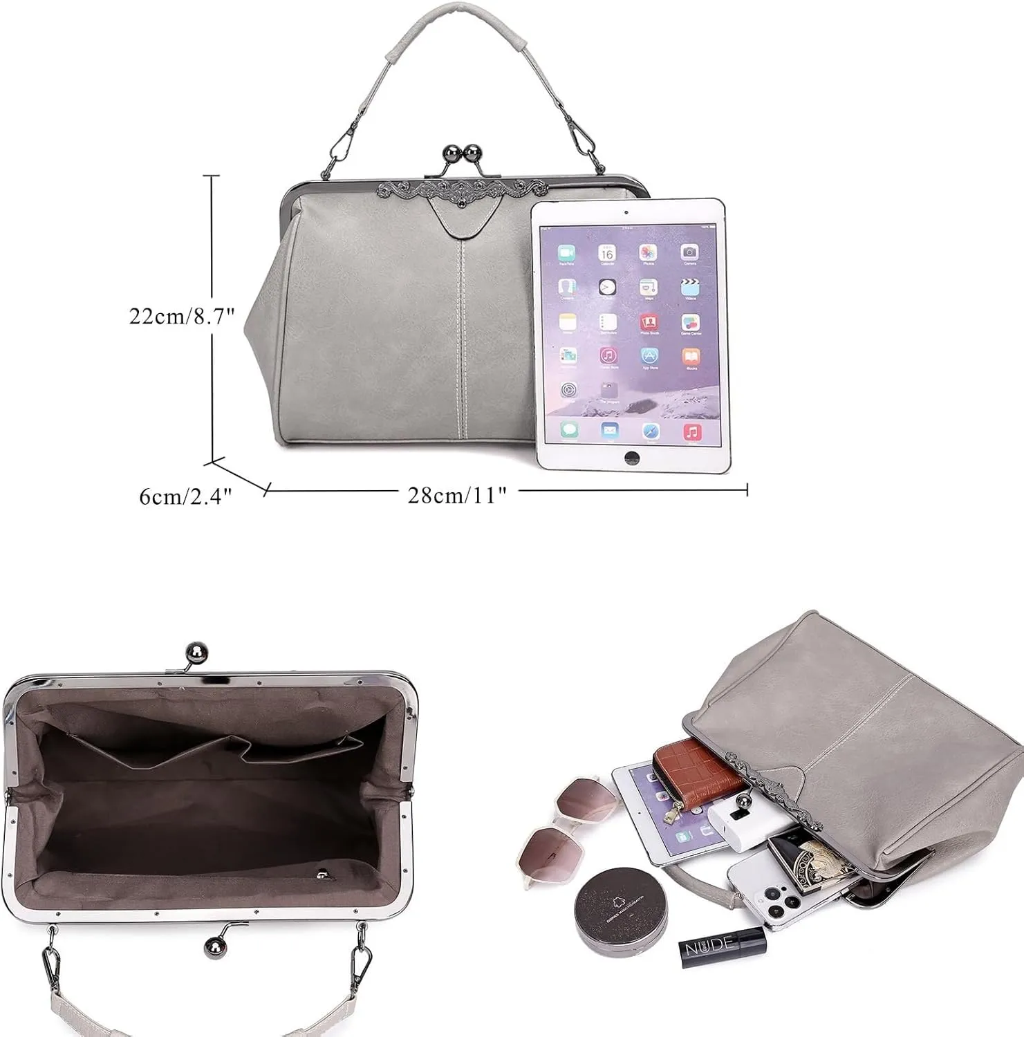 PU Leather Handbags for Women Evening Clutch Satchel Purse Tote Women Vintage Kiss Lock