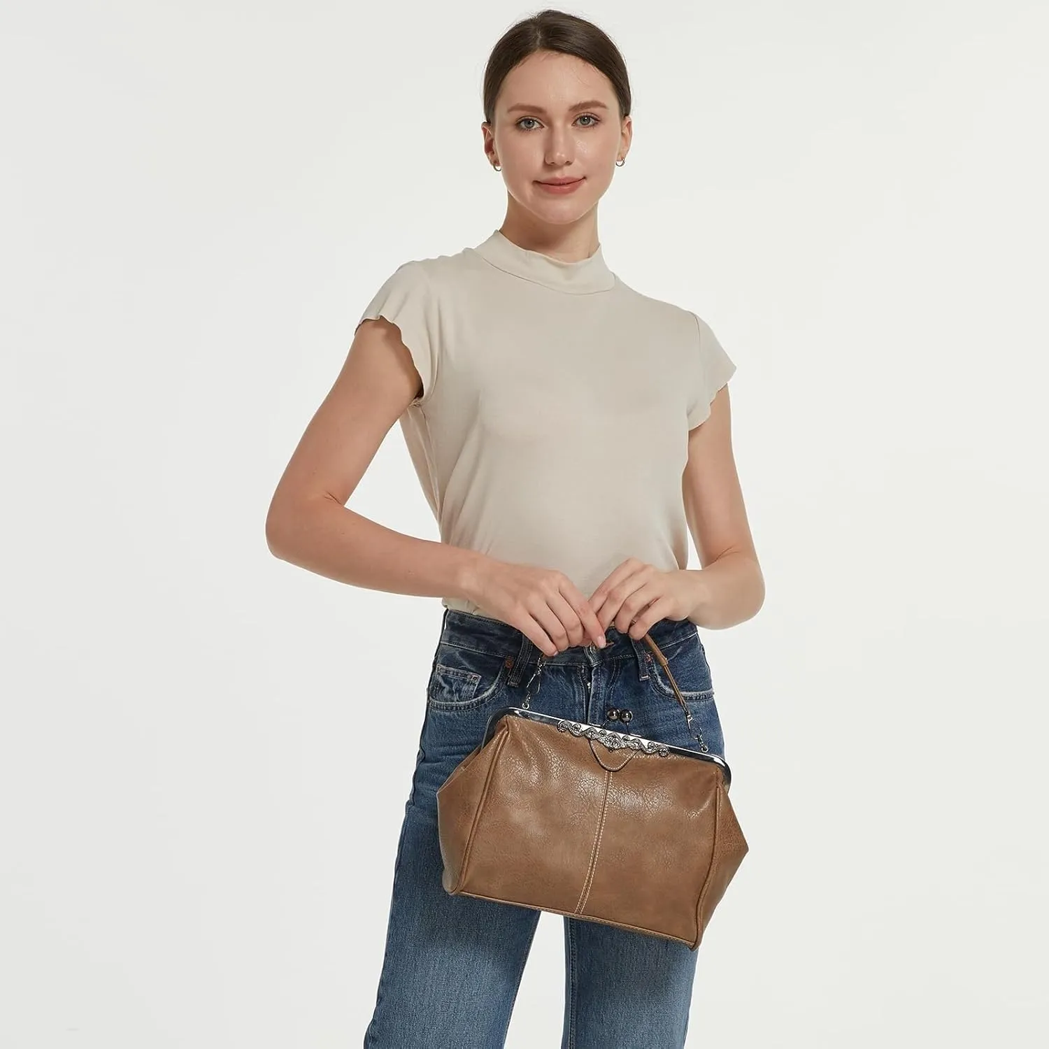 PU Leather Handbags for Women Evening Clutch Satchel Purse Tote Women Vintage Kiss Lock