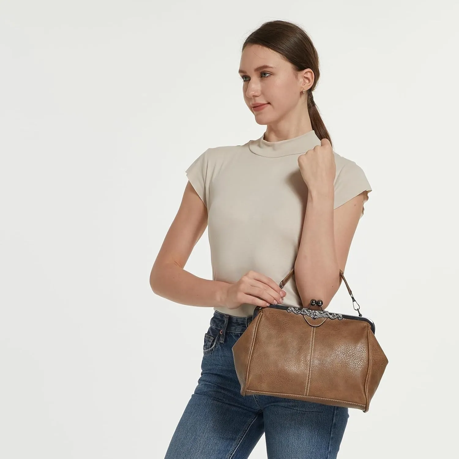 PU Leather Handbags for Women Evening Clutch Satchel Purse Tote Women Vintage Kiss Lock