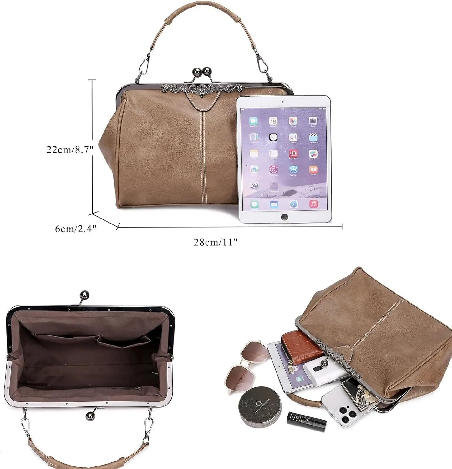 PU Leather Handbags for Women Evening Clutch Satchel Purse Tote Women Vintage Kiss Lock