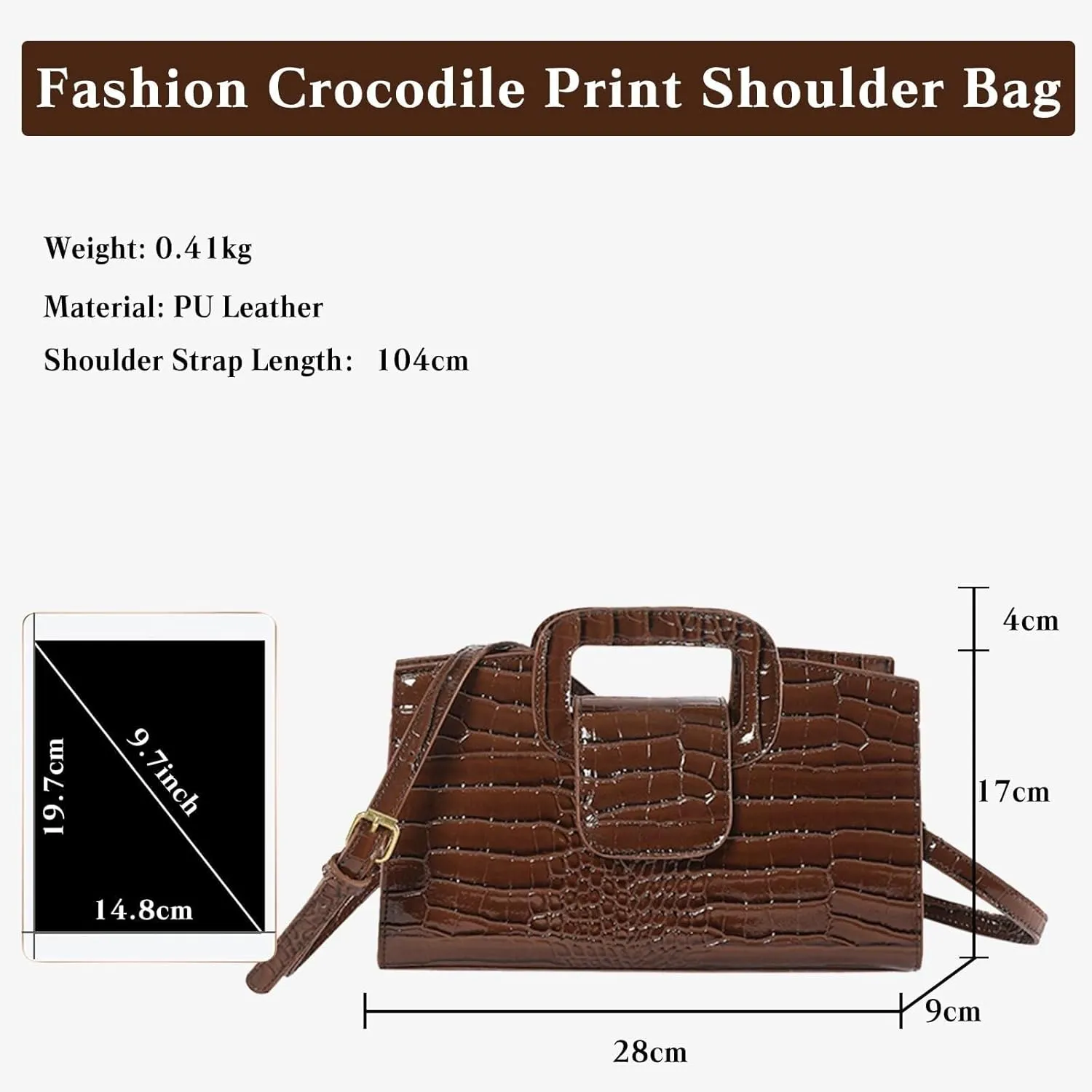 PU Leather Shoulder Crocodile Embossed Crossbody for Women Handbag Medium Capacity Messenger Vintage Flap Satchel