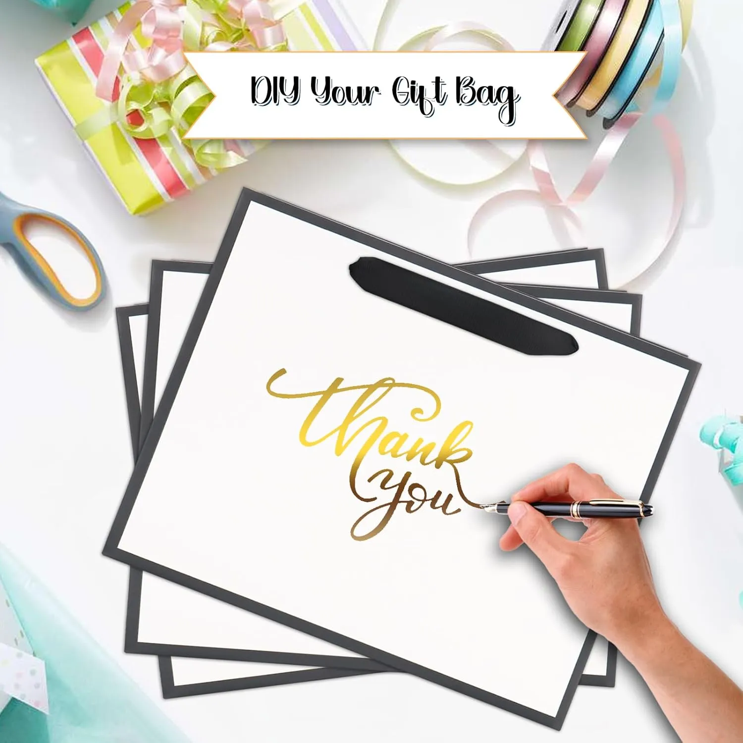 QIELSER 12 pcs Gift Bags Bulk Large Size 12.5x4.5x10 Inches, White Kraft Paper Shopping Bags with Ribbon Handles and Black Trims for Birthday Retail Wedding Baby Shower Valentines