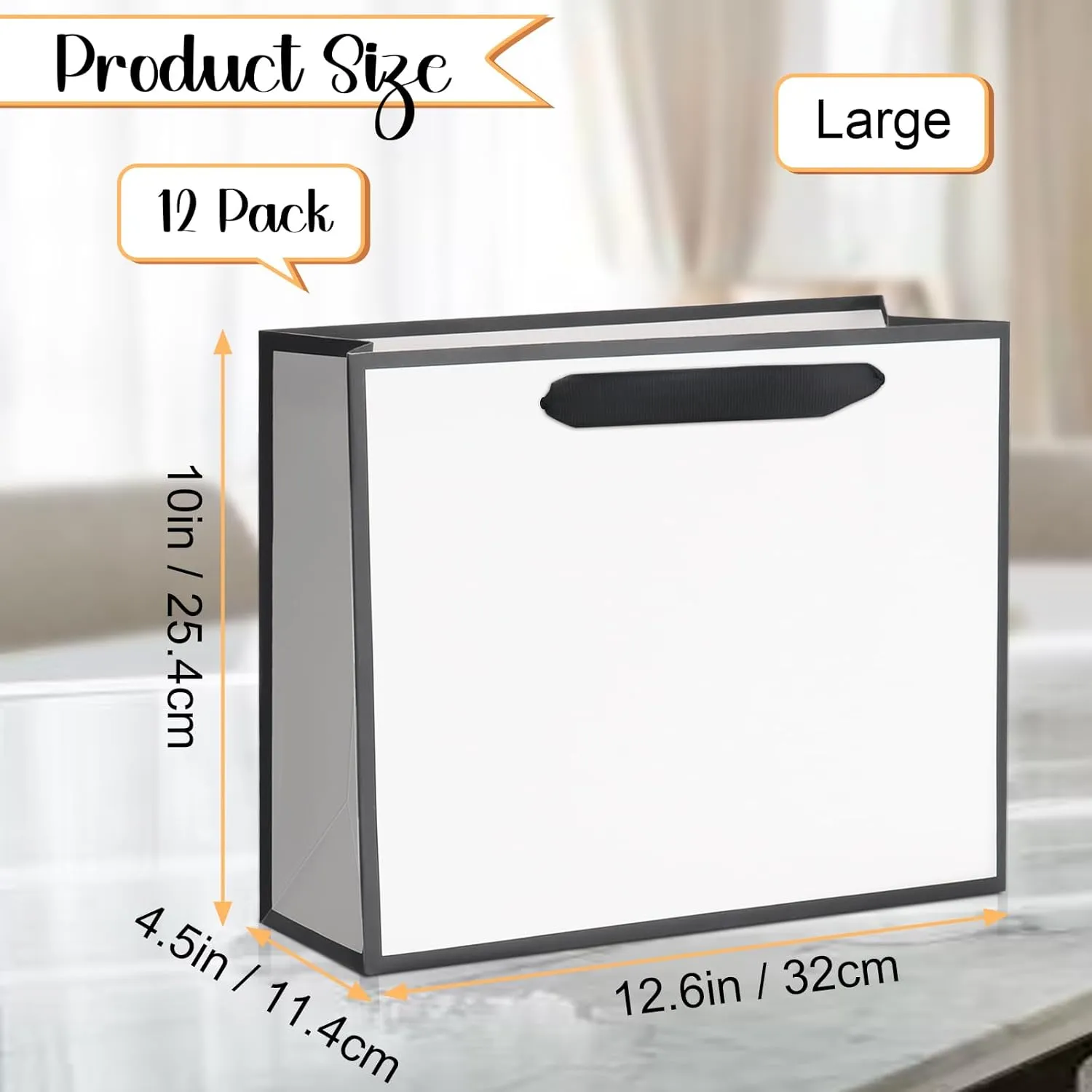 QIELSER 12 pcs Gift Bags Bulk Large Size 12.5x4.5x10 Inches, White Kraft Paper Shopping Bags with Ribbon Handles and Black Trims for Birthday Retail Wedding Baby Shower Valentines