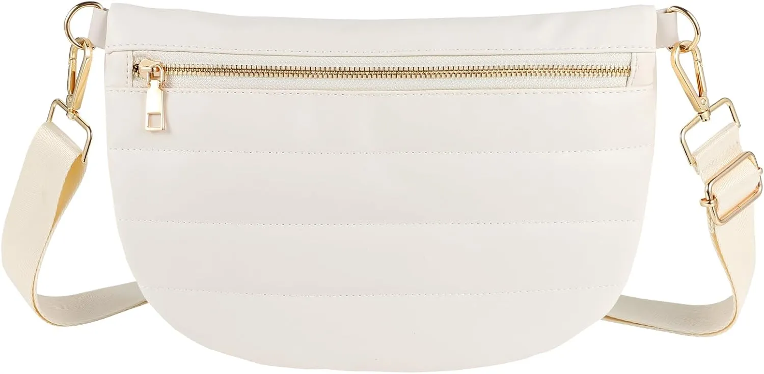 Quilted Puffer Leather Belt Bag for Women Puffer Crossbody Bags Puffy Sling Belt Bag Fanny Pack Bum Waist Chest Shoulder Bag for Women-Cream