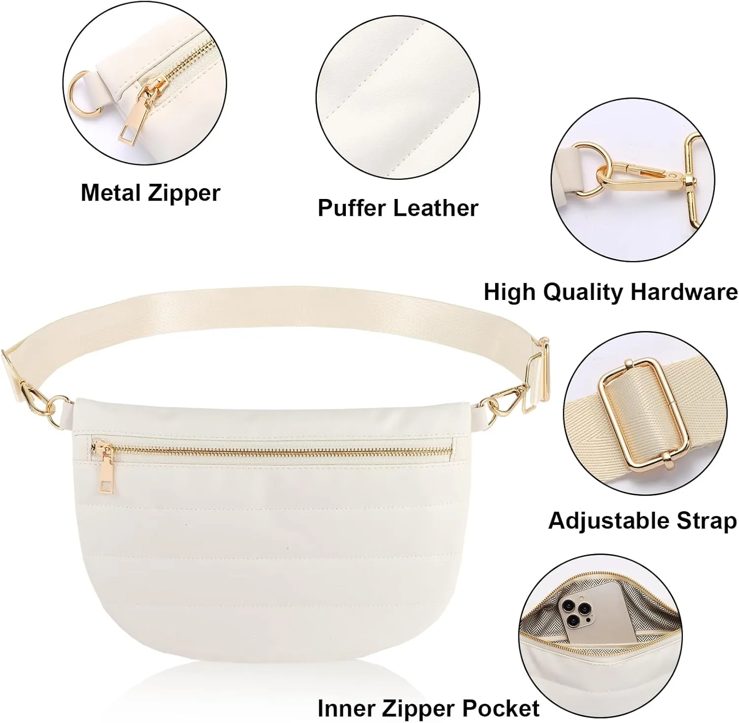 Quilted Puffer Leather Belt Bag for Women Puffer Crossbody Bags Puffy Sling Belt Bag Fanny Pack Bum Waist Chest Shoulder Bag for Women-Cream