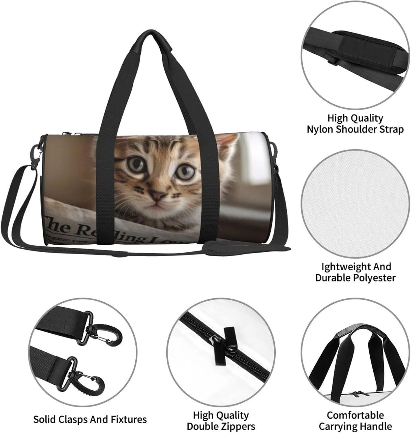 Reading newspaper kitten Printed Travel Bag,Round Personal Item Storage bag,Foldie Duffel Bag for Traveling Vacation,Fitness,Sports