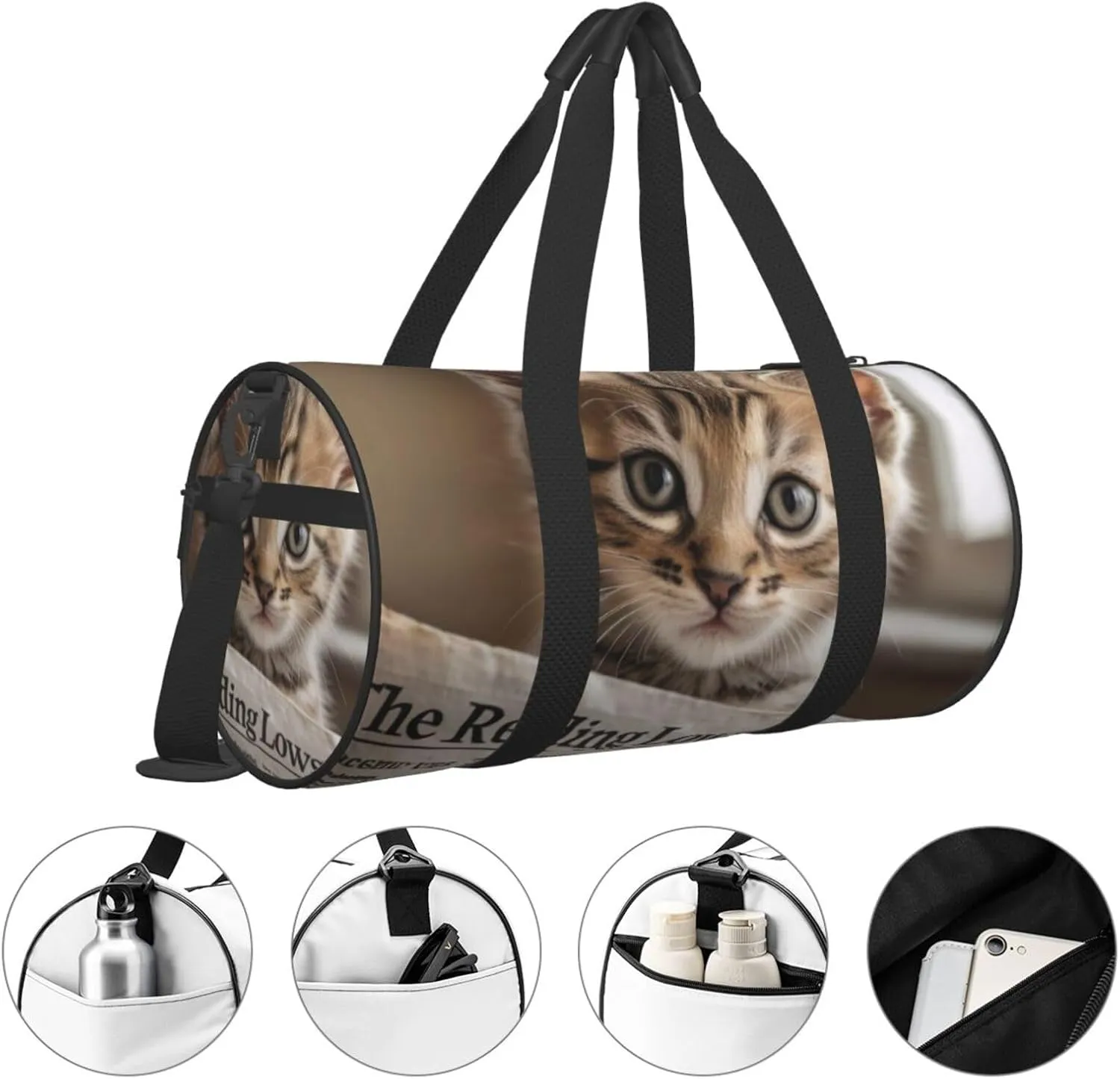 Reading newspaper kitten Printed Travel Bag,Round Personal Item Storage bag,Foldie Duffel Bag for Traveling Vacation,Fitness,Sports