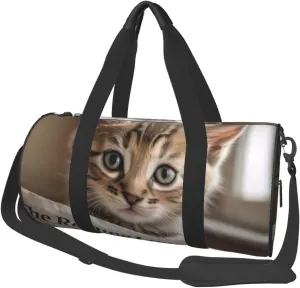 Reading newspaper kitten Printed Travel Bag,Round Personal Item Storage bag,Foldie Duffel Bag for Traveling Vacation,Fitness,Sports