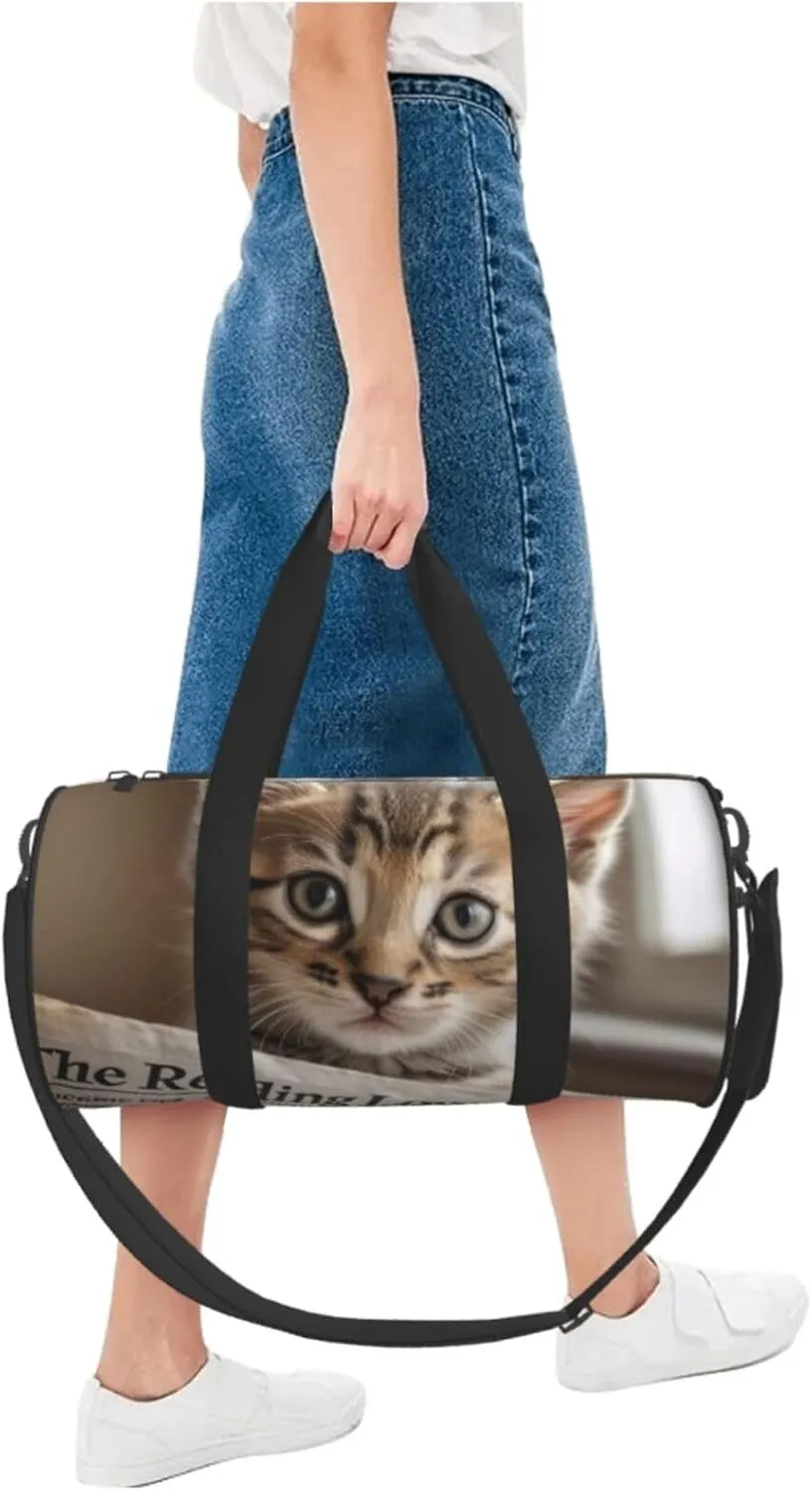 Reading newspaper kitten Printed Travel Bag,Round Personal Item Storage bag,Foldie Duffel Bag for Traveling Vacation,Fitness,Sports