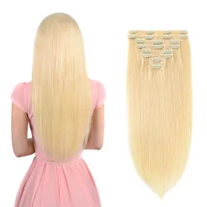 Real Clip in Hair Extensions Blonde 8 Pieces - Premium Women Straight Double Weft Thick Remy Hair Extensions Clip in on Human Hair for Short Hair (18" / 18 inch, #613, 112 grams/3.9 Oz)