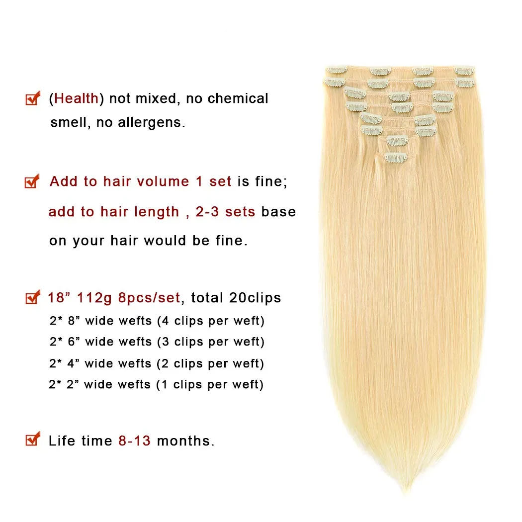 Real Clip in Hair Extensions Blonde 8 Pieces - Premium Women Straight Double Weft Thick Remy Hair Extensions Clip in on Human Hair for Short Hair (18" / 18 inch, #613, 112 grams/3.9 Oz)