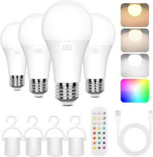 Rechargeable Battery Operated A19 Light Bulb with Remote Control 4 Packs, Dimmable Detachable LED Bulb with 15 Colors Selectable & 3 Timer, Wireless Puck Light Bulb for Wall Sconce, Non-Hardwired
