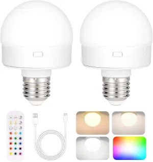 Rechargeable Battery Operated Light Bulb with Remote Control 2 Packs, 350LM Dimmable Detachable LED Bulb with 15 Colors Selectable & 3 Timer, Wireless Puck Light Bulb for Wall Sconce, Non-Hardwired