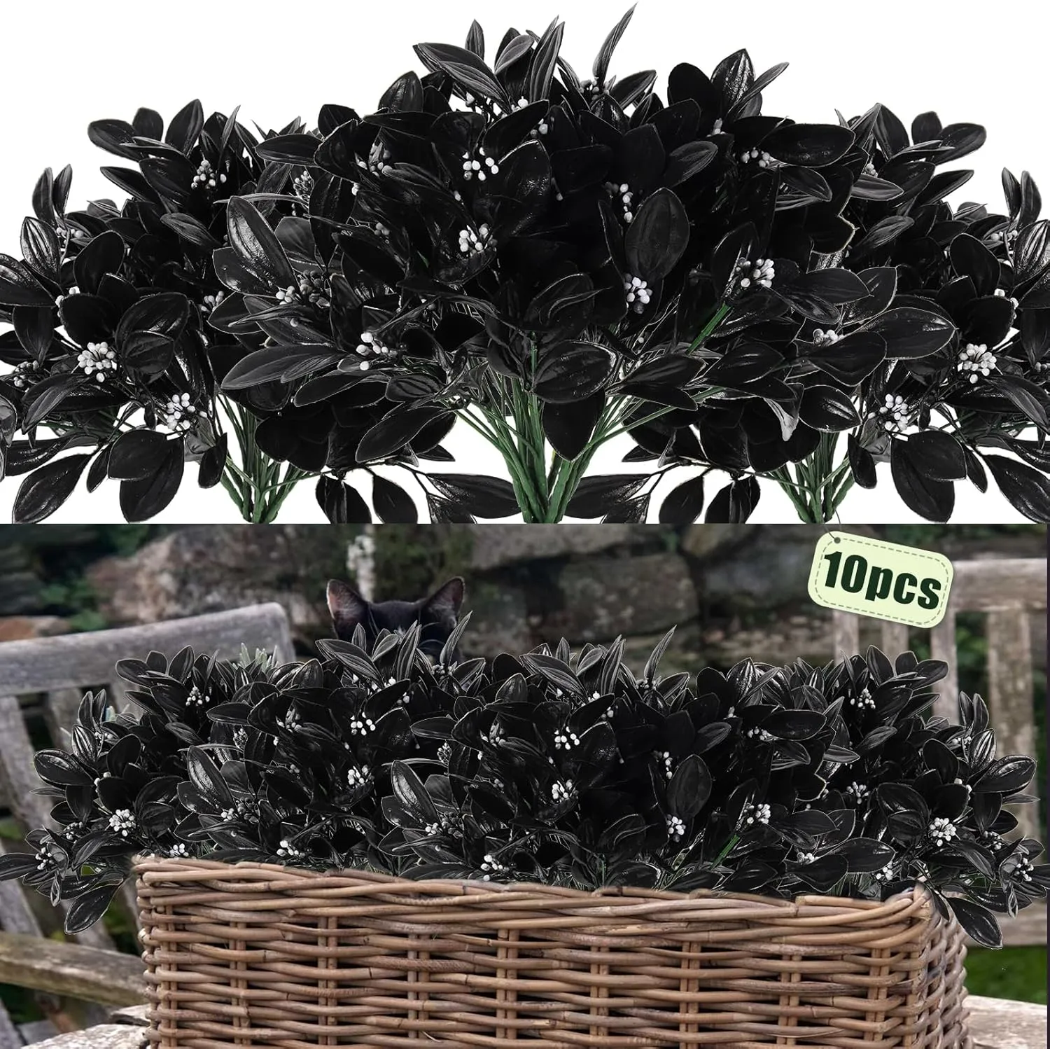 RECUTMS Halloween Artificial Vase Filler Black Bouquet Fake Flowers Outdoor for Outdoors Garden Patio Porch Window 10pcs (Dark)