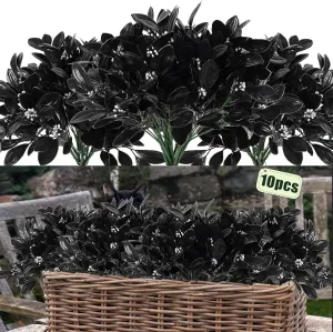 RECUTMS Halloween Artificial Vase Filler Black Bouquet Fake Flowers Outdoor for Outdoors Garden Patio Porch Window 10pcs (Dark)
