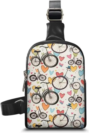 Red Bicycle Pattern Sling Backpack Hiking Daypack Cross Body Chest Bag, Painting Bikes Hearts Print Shoulder Bag Fanny Packs Sling Purse for Women