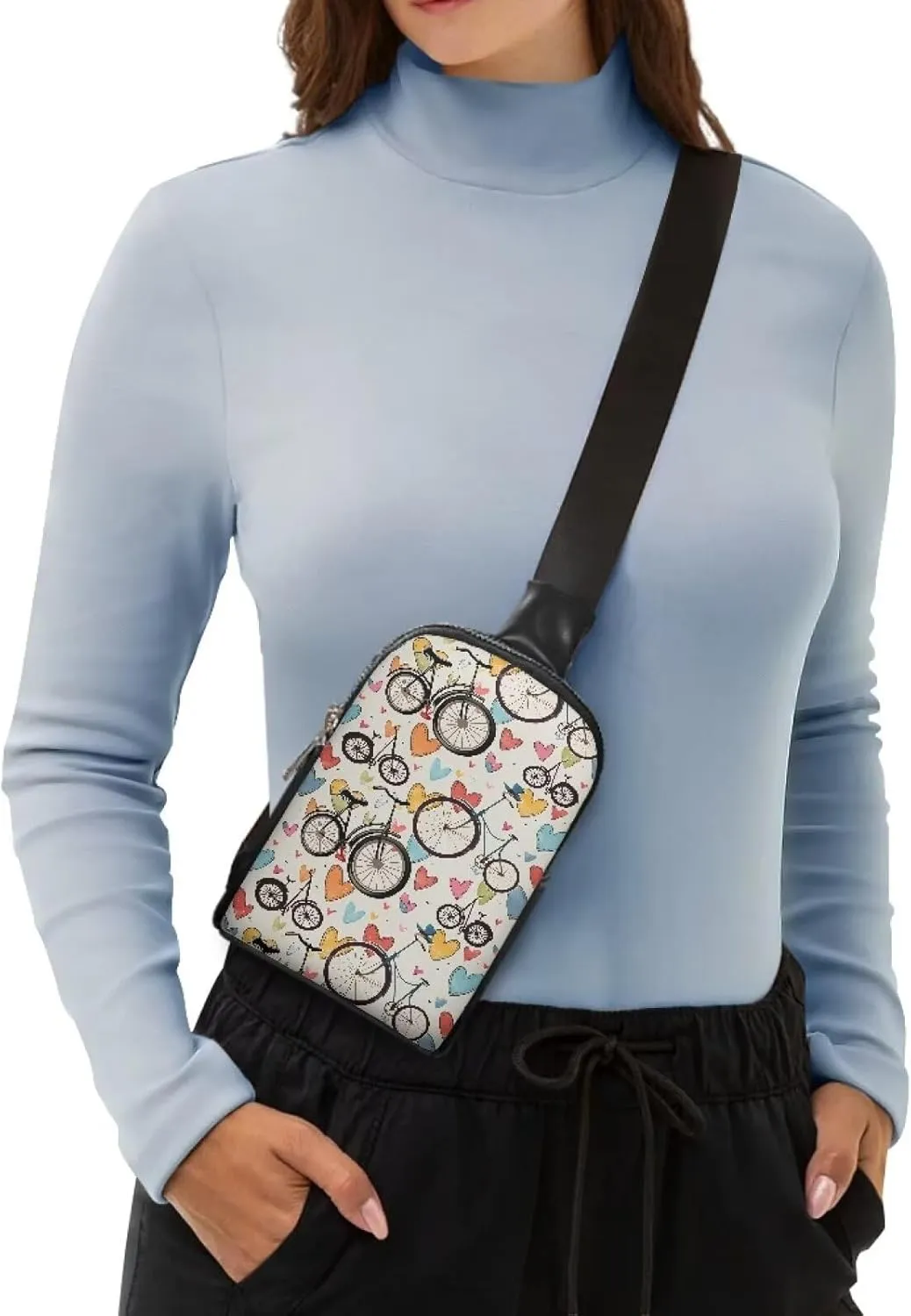 Red Bicycle Pattern Sling Backpack Hiking Daypack Cross Body Chest Bag, Painting Bikes Hearts Print Shoulder Bag Fanny Packs Sling Purse for Women