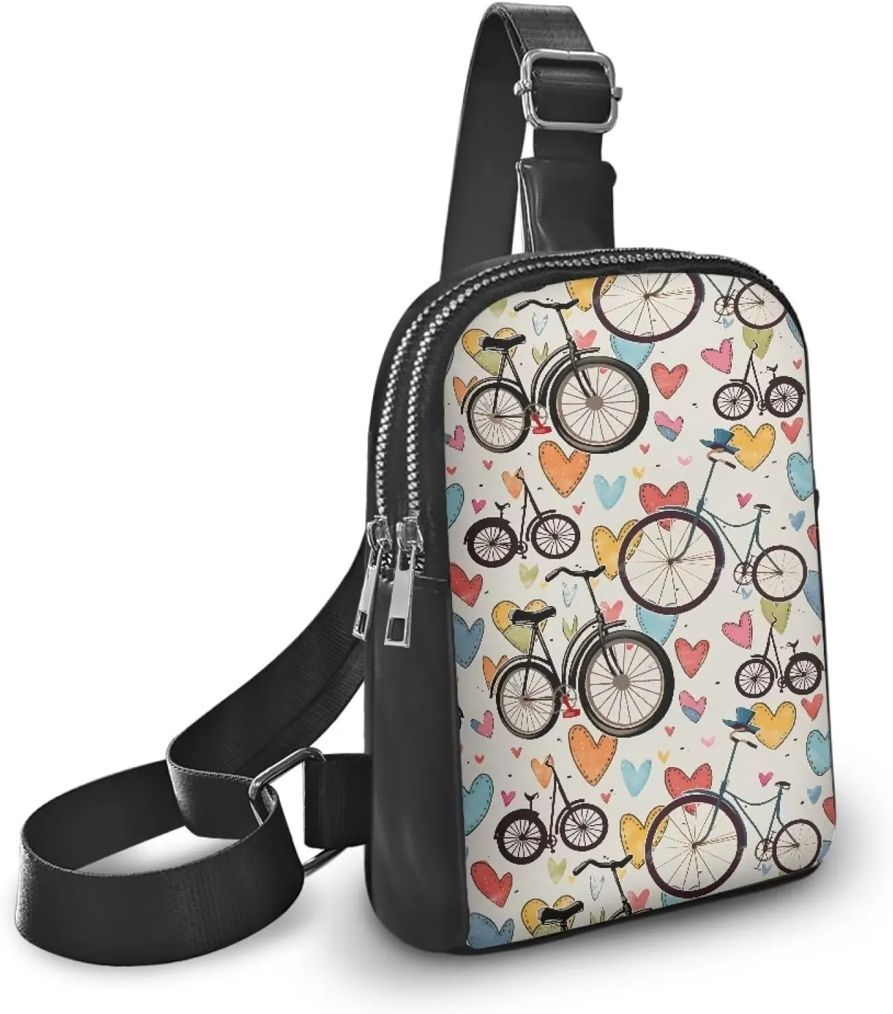 Red Bicycle Pattern Sling Backpack Hiking Daypack Cross Body Chest Bag, Painting Bikes Hearts Print Shoulder Bag Fanny Packs Sling Purse for Women