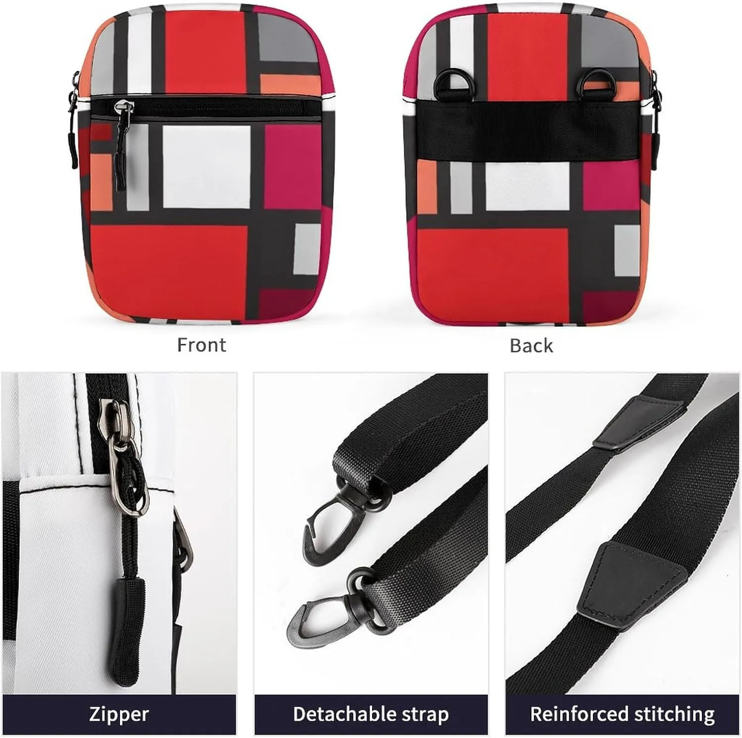 Red Black White Geometric Memphis, Indian, Brazilian, Mexican Checker Adjustable Fanny Waist Pack Pouch, Waterproof Crossbody Runners Bag Wallet for Gym Hiking Fitness Women Men 6.1 x 2.2 x 7.9 inch
