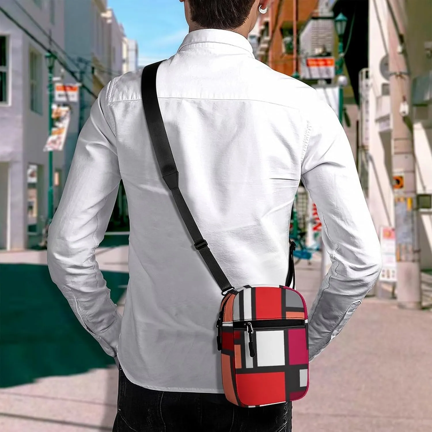 Red Black White Geometric Memphis, Indian, Brazilian, Mexican Checker Adjustable Fanny Waist Pack Pouch, Waterproof Crossbody Runners Bag Wallet for Gym Hiking Fitness Women Men 6.1 x 2.2 x 7.9 inch