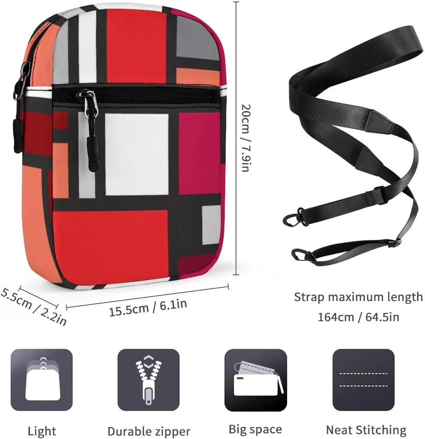 Red Black White Geometric Memphis, Indian, Brazilian, Mexican Checker Adjustable Fanny Waist Pack Pouch, Waterproof Crossbody Runners Bag Wallet for Gym Hiking Fitness Women Men 6.1 x 2.2 x 7.9 inch