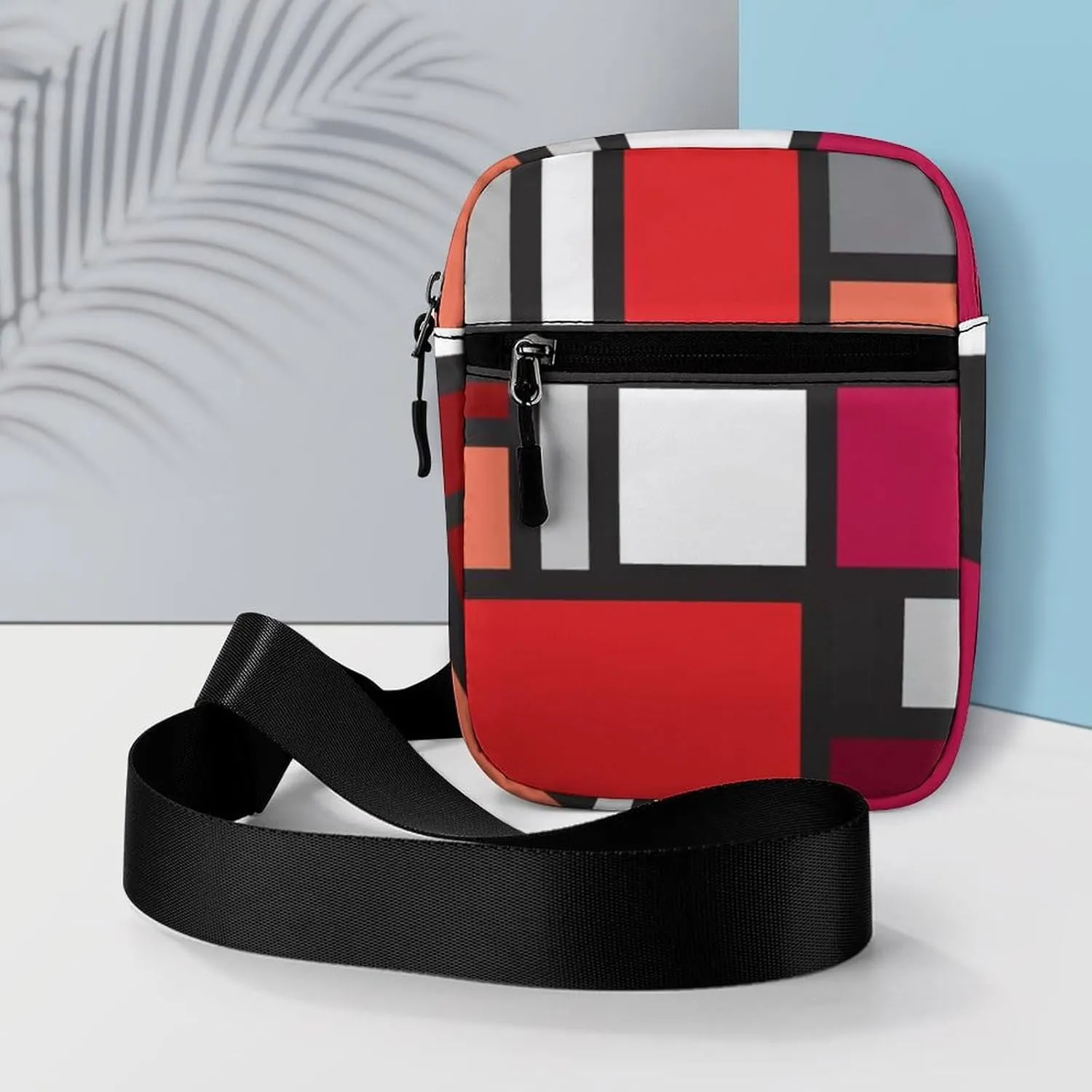 Red Black White Geometric Memphis, Indian, Brazilian, Mexican Checker Adjustable Fanny Waist Pack Pouch, Waterproof Crossbody Runners Bag Wallet for Gym Hiking Fitness Women Men 6.1 x 2.2 x 7.9 inch