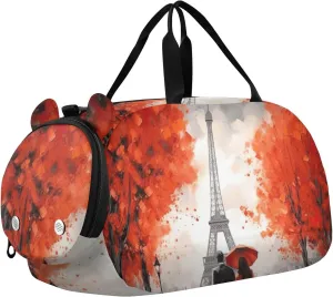 Red Paris Street Duffle Bag for Girl, Sports Duffle Gym Bags with Shoe Compartment, Personalized Overnight Bag Travel Weekender for Kids