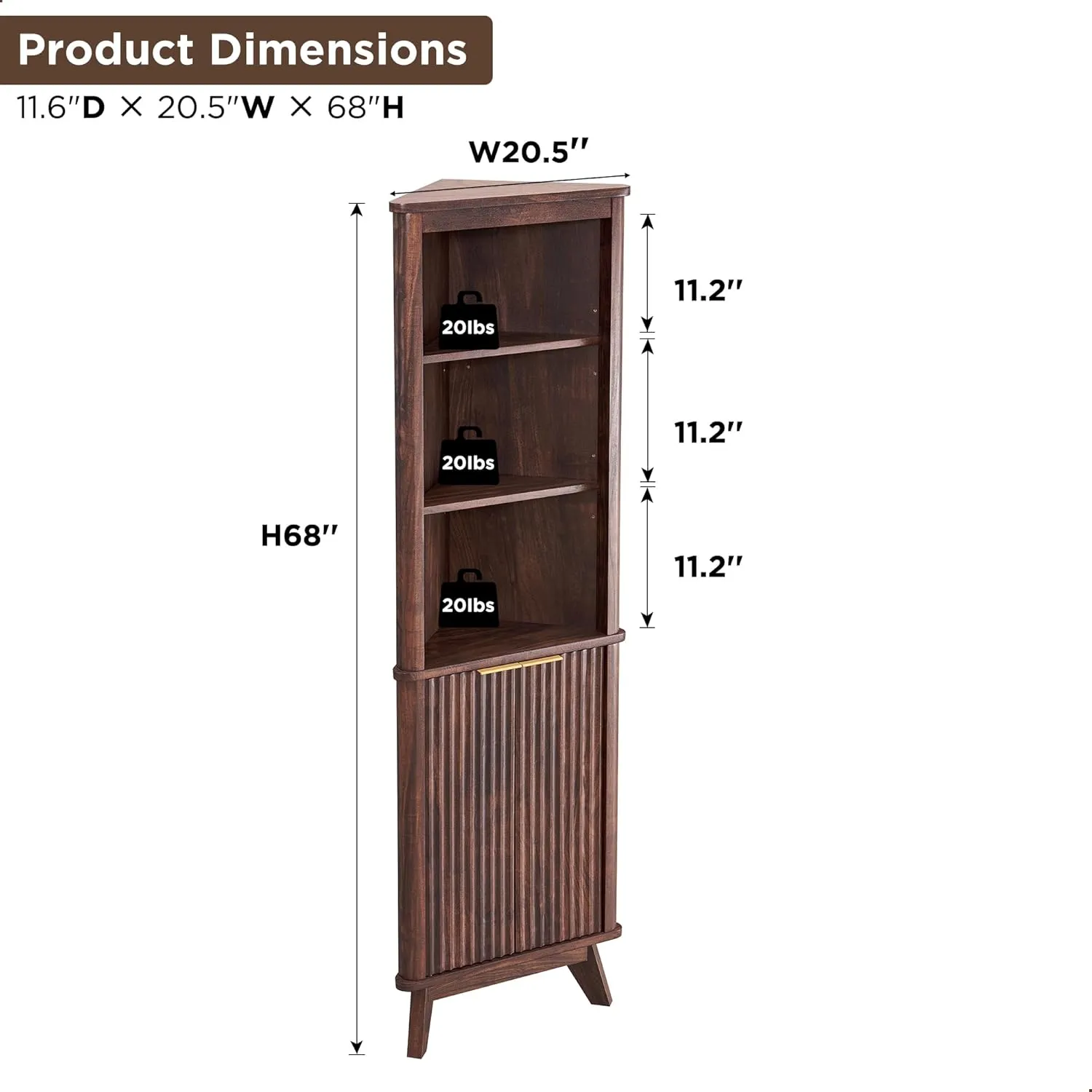RedLemon 68" Tall Corner Cabinet, Modern Fluted Storage Cabinet with Adjustable Shelves, Curved Profile Design, Space Saver for Bathroom, Living Room, Kitchen, Walnut