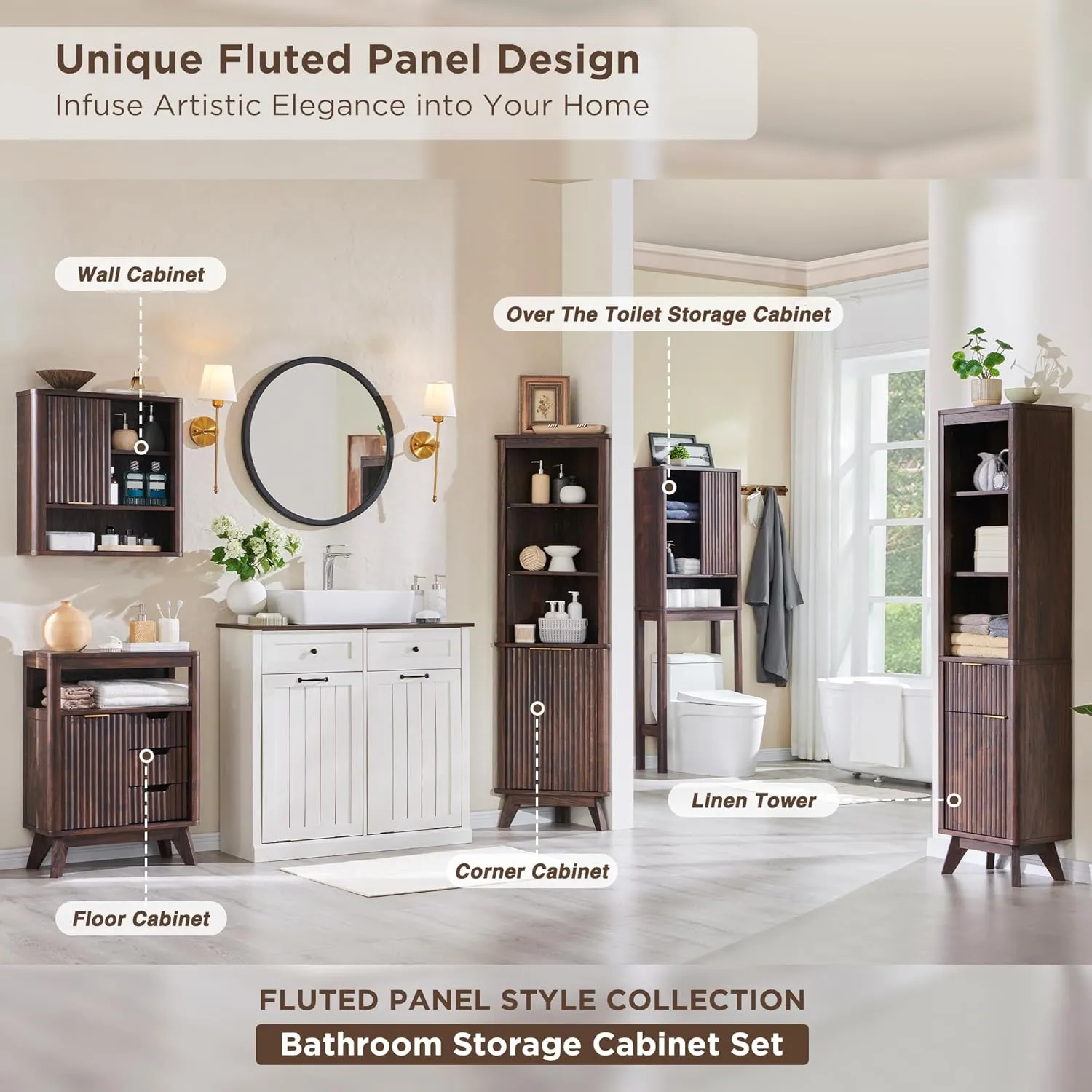 RedLemon 68" Tall Corner Cabinet, Modern Fluted Storage Cabinet with Adjustable Shelves, Curved Profile Design, Space Saver for Bathroom, Living Room, Kitchen, Walnut
