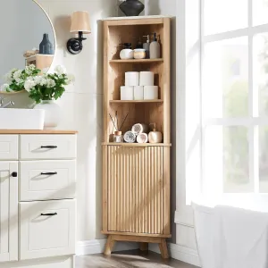 RedLemon 68" Tall Corner Cabinet, Modern Fluted Storage Cabinet with Faux Marble Top & Adjustable Shelves, Curved Profile Design, Space Saver for Bathroom, Living Room, Kitchen, Natural Oak Color