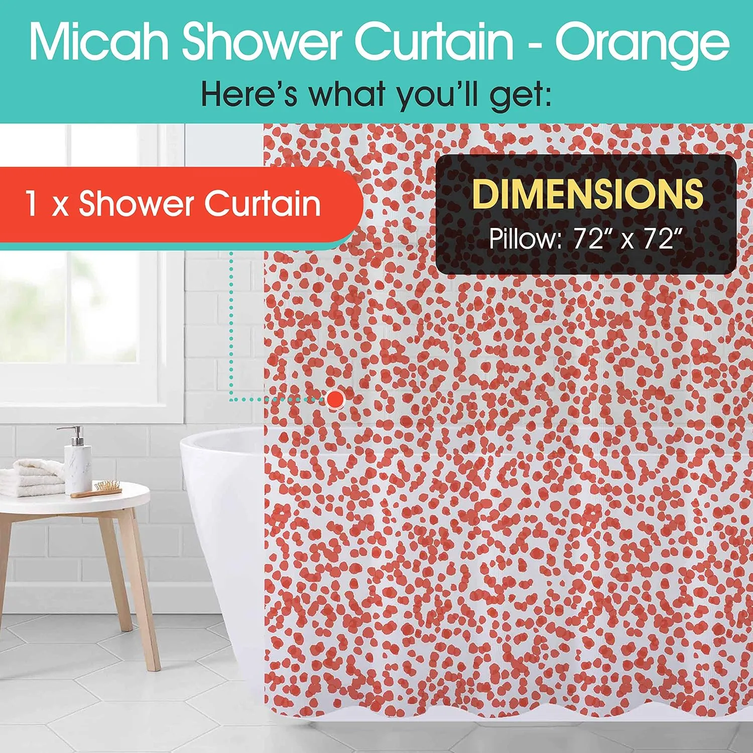 Refinery29 | Michah Collection Modern Heavyweight Waterproof Shower Curtain, Stylish Dot Print Design, 72"x72", Orange