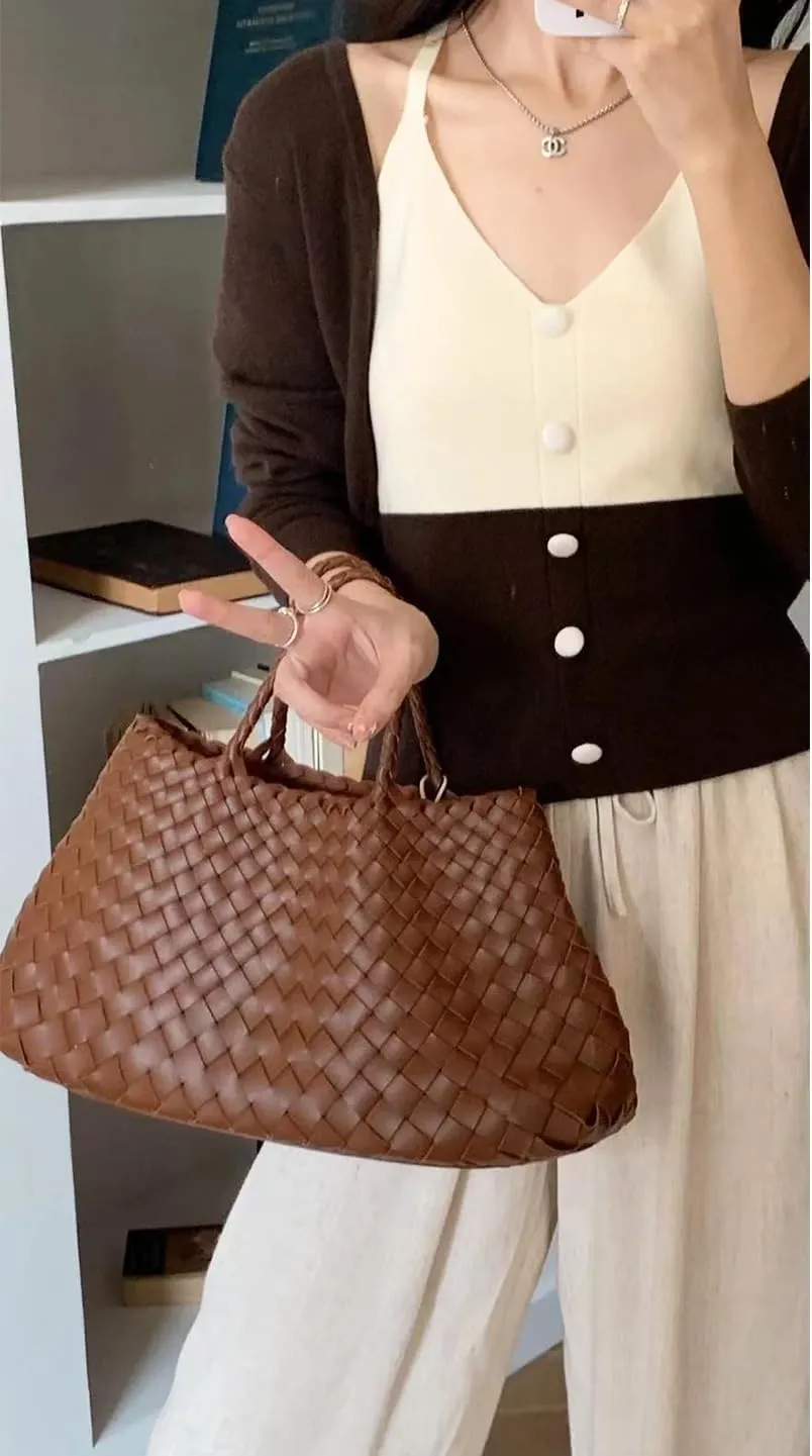 Rejolly Basket Bag for Women Woven Leather Top Handle Tote Handbag Summer Vacation Chic Beach Purse with Drawstring Pouch