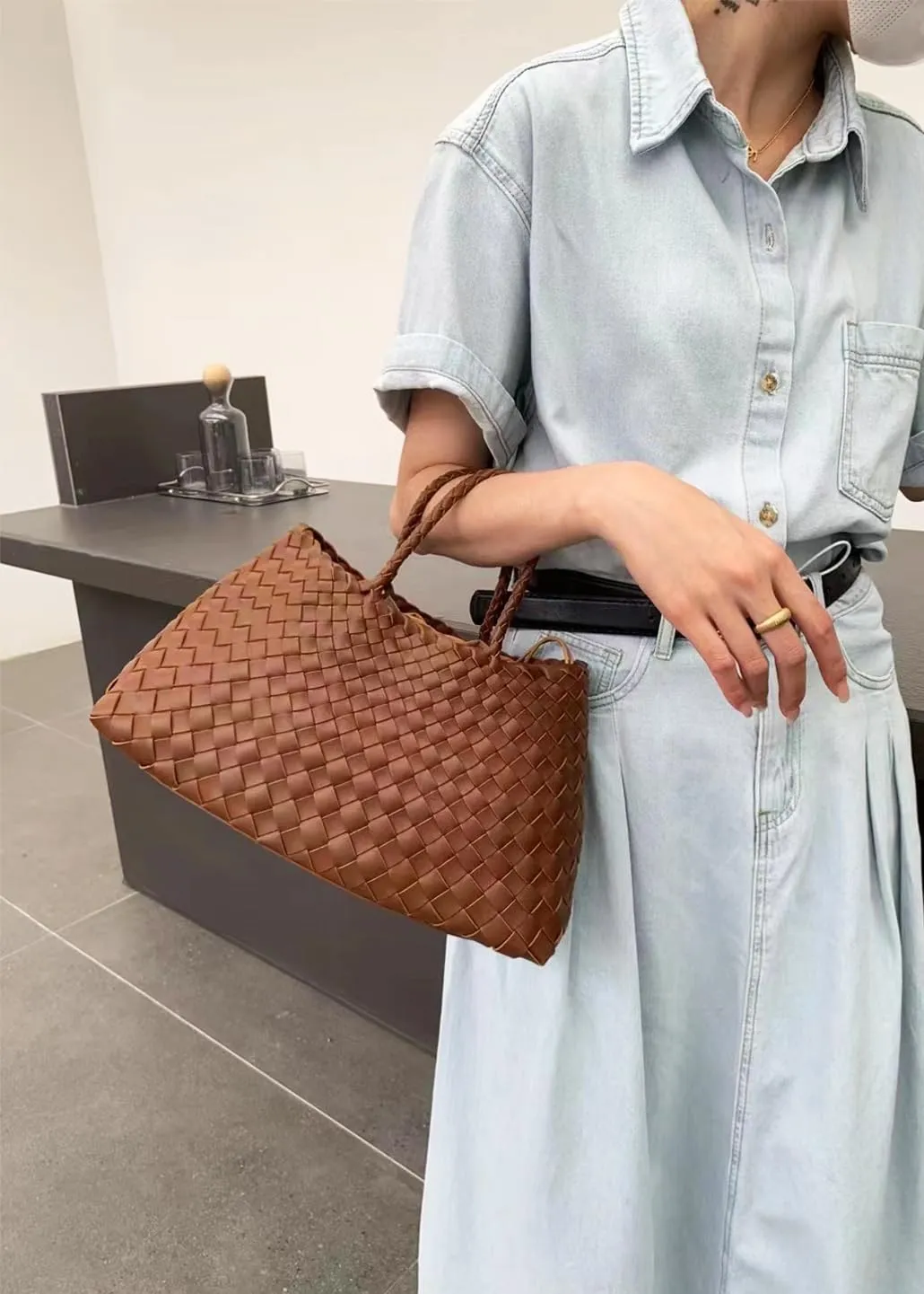 Rejolly Basket Bag for Women Woven Leather Top Handle Tote Handbag Summer Vacation Chic Beach Purse with Drawstring Pouch