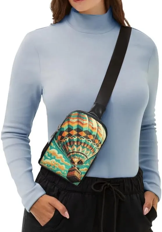 Retro Hot Air Balloon Small Crossbody Bag Cell Phone Purse for Women, Rainbow Stripes Balloons Print Fanny Packs PU Leather Sling Chest Bags for Travel Work