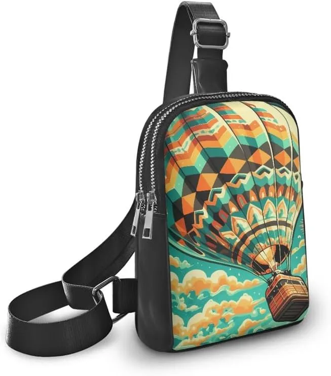 Retro Hot Air Balloon Small Crossbody Bag Cell Phone Purse for Women, Rainbow Stripes Balloons Print Fanny Packs PU Leather Sling Chest Bags for Travel Work