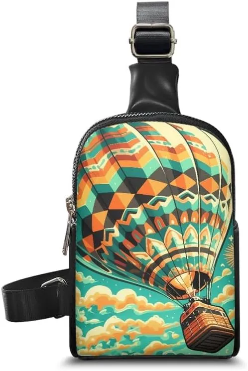 Retro Hot Air Balloon Small Crossbody Bag Cell Phone Purse for Women, Rainbow Stripes Balloons Print Fanny Packs PU Leather Sling Chest Bags for Travel Work