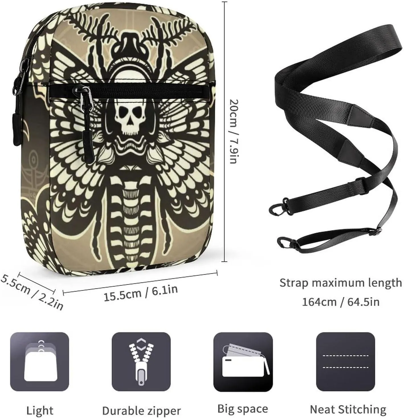 Retro Moth Dead Head, Mystical Circle, Skull, Moon, Stars Occultism Adjustable Fanny Waist Pack Pouch, Waterproof Crossbody Runners Bag Wallet for Gym Hiking Fitness Women Men 6.1 x 2.2 x 7.9 inch