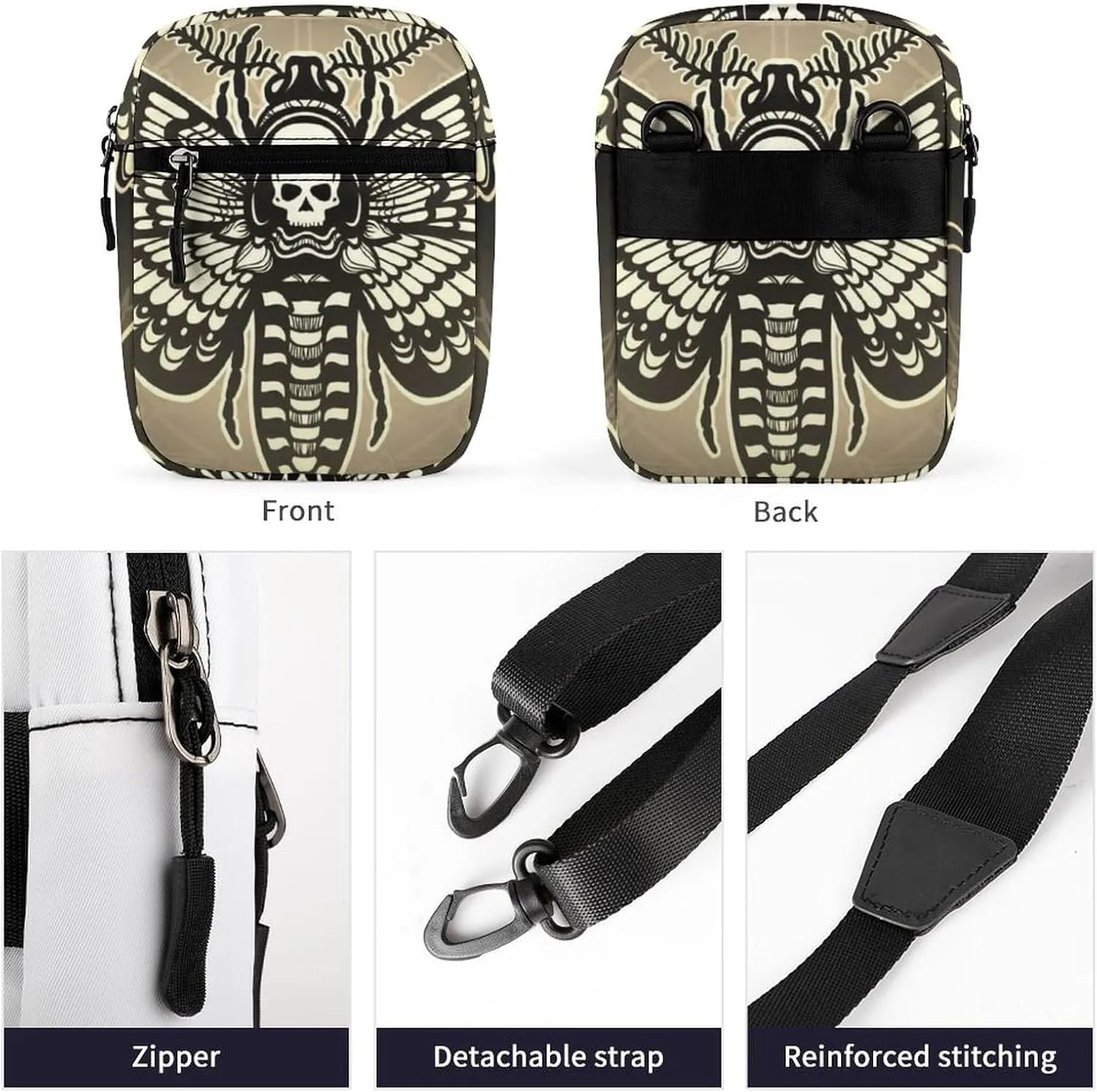 Retro Moth Dead Head, Mystical Circle, Skull, Moon, Stars Occultism Adjustable Fanny Waist Pack Pouch, Waterproof Crossbody Runners Bag Wallet for Gym Hiking Fitness Women Men 6.1 x 2.2 x 7.9 inch