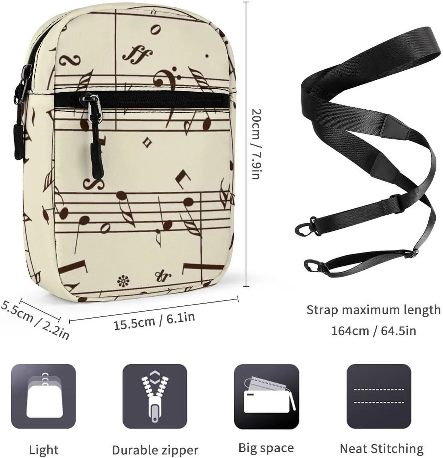 Retro Music Notes Black Ink Hand Drawn icons Artistic Style Adjustable Fanny Waist Pack Pouch, Waterproof Crossbody Runners Bag Wallet for Gym Hiking Fitness Women Men 6.1 x 2.2 x 7.9 inch