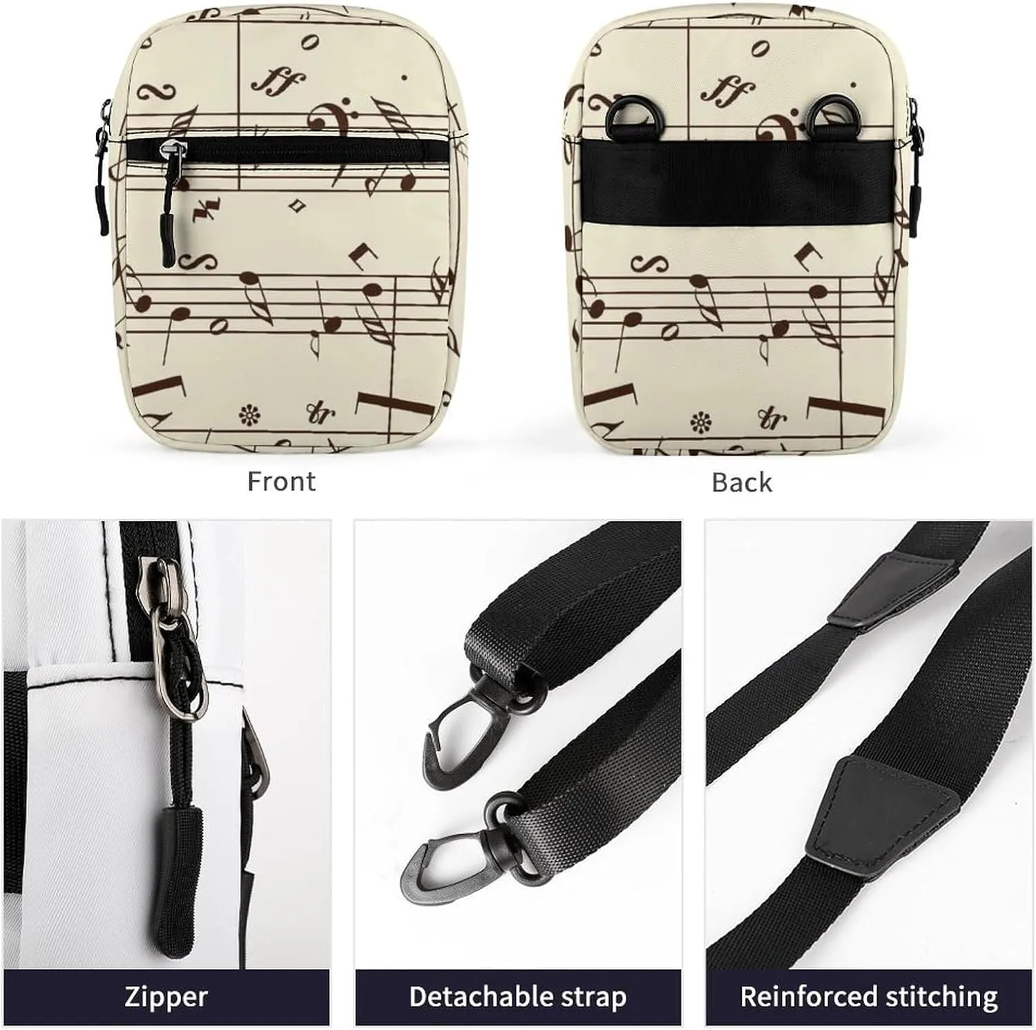Retro Music Notes Black Ink Hand Drawn icons Artistic Style Adjustable Fanny Waist Pack Pouch, Waterproof Crossbody Runners Bag Wallet for Gym Hiking Fitness Women Men 6.1 x 2.2 x 7.9 inch