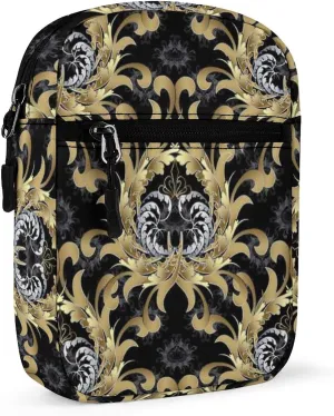 Retro Royal Gold Silver Baroque Floral Scroll Leaves Flowers on Dark Adjustable Fanny Waist Pack Pouch, Waterproof Crossbody Runners Bag Wallet for Gym Hiking Fitness Women Men 6.1 x 2.2 x 7.9 inch